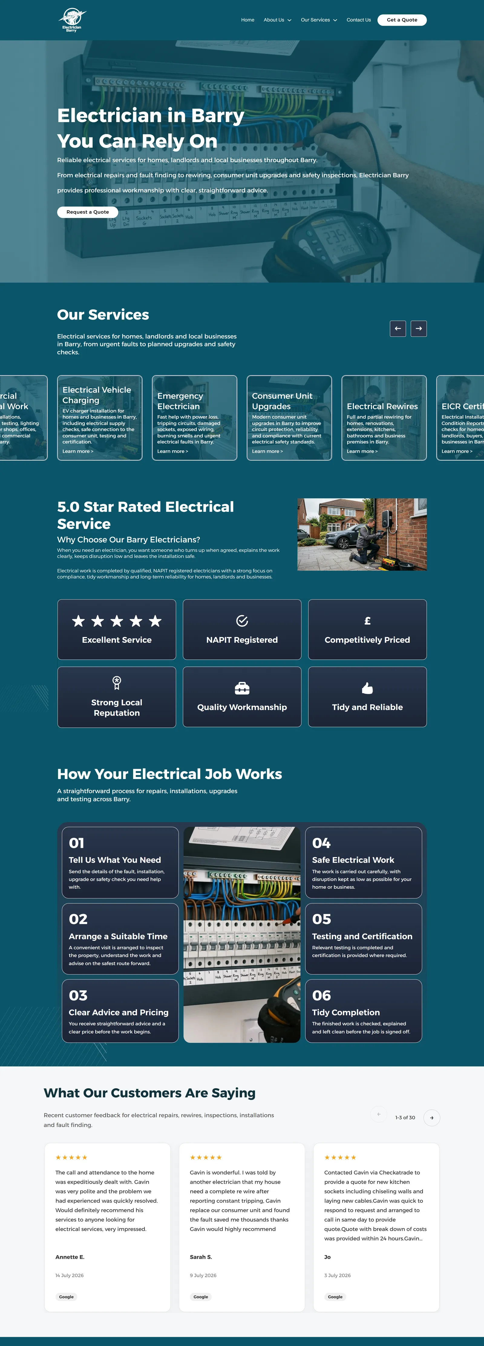 Electrician Barry website on a desktop screen