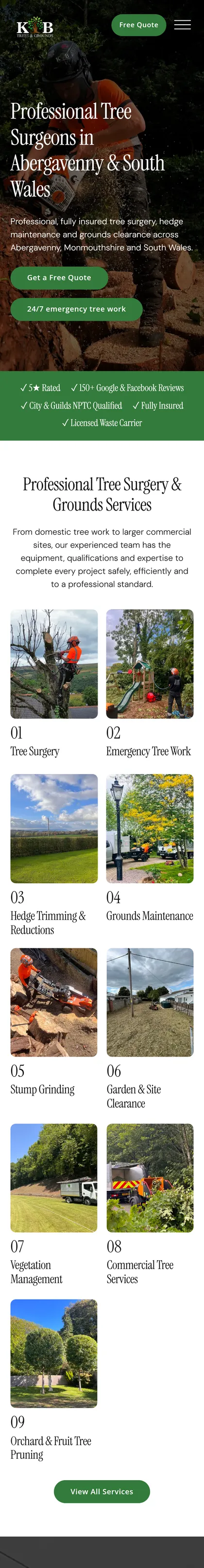 KB Trees & Grounds website on a phone