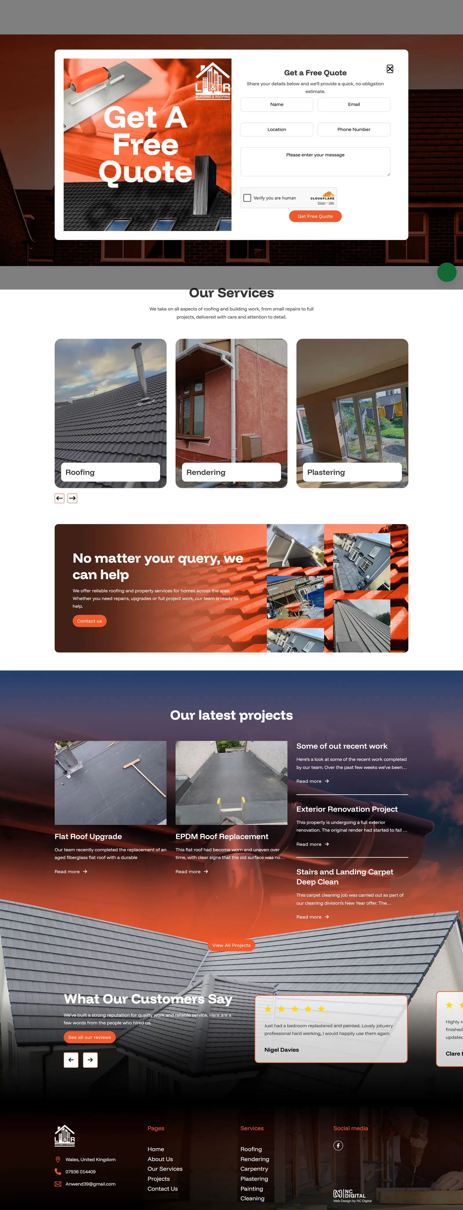 L&R Building and Roofing website on a desktop screen