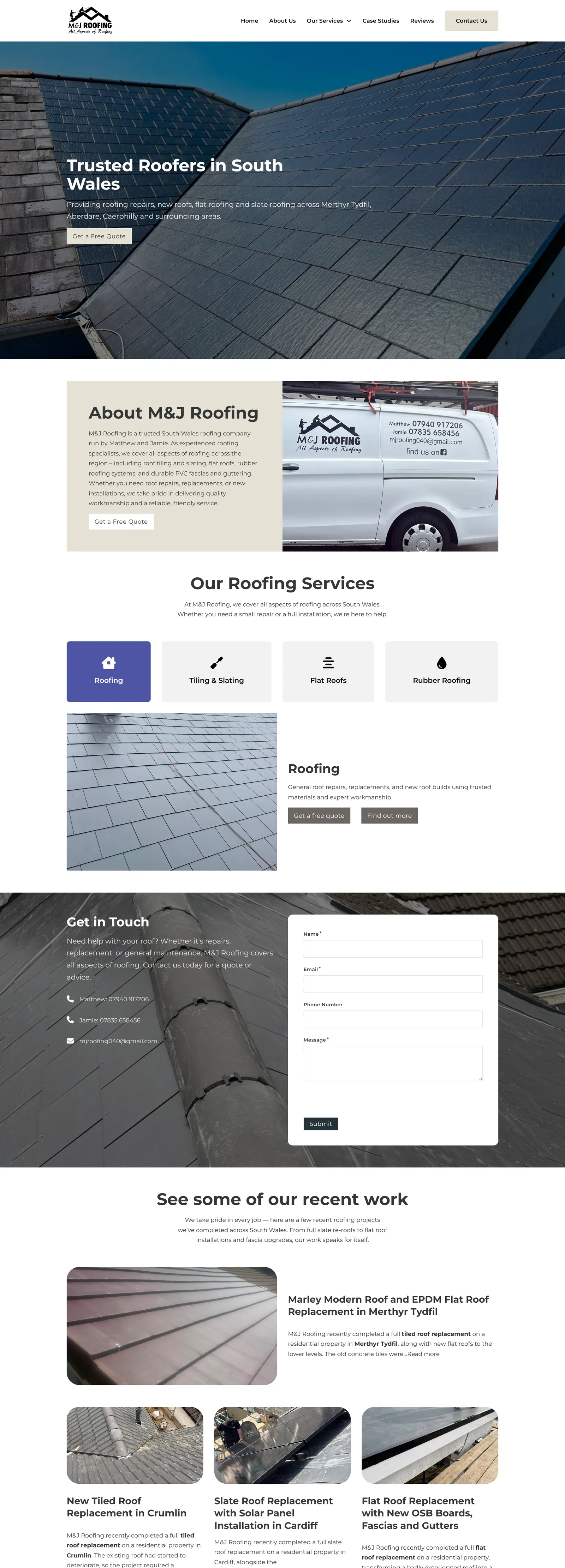 M&J Roofing website on a desktop screen